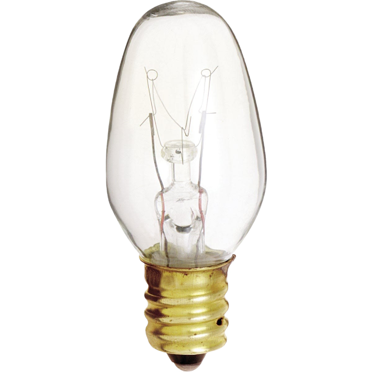 Clear incandescent night-light bulb with brass base designed for household lighting and electrical use under $50