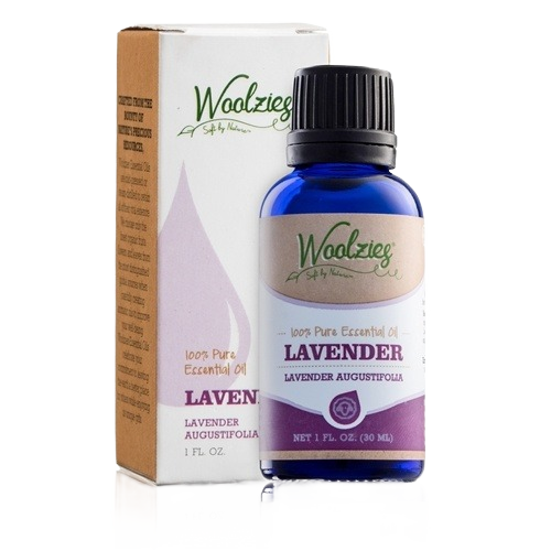 Blue glass bottle of Lavender essential oil with cardboard packaging for household and laundry supplies under $50