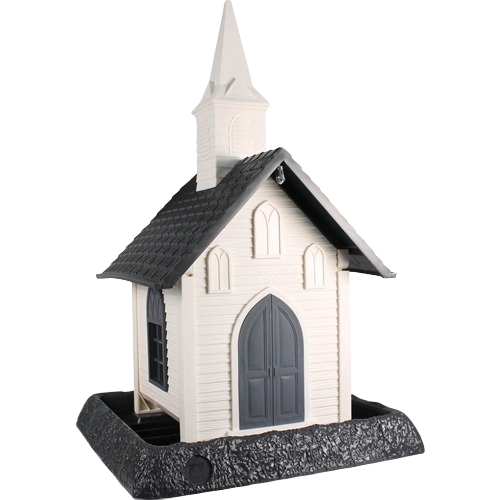 Cream and black church-shaped bird feeder with steep roof and textured base for outdoor use and bird feeding