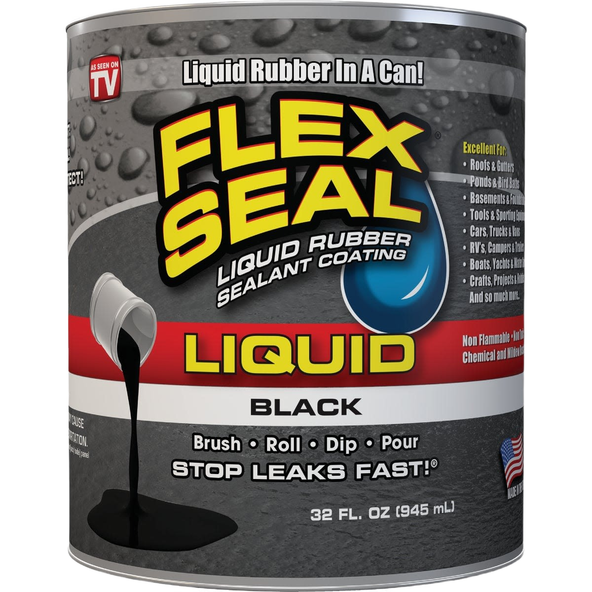 Container of black liquid rubber sealant designed for sealing and waterproofing in home improvement projects