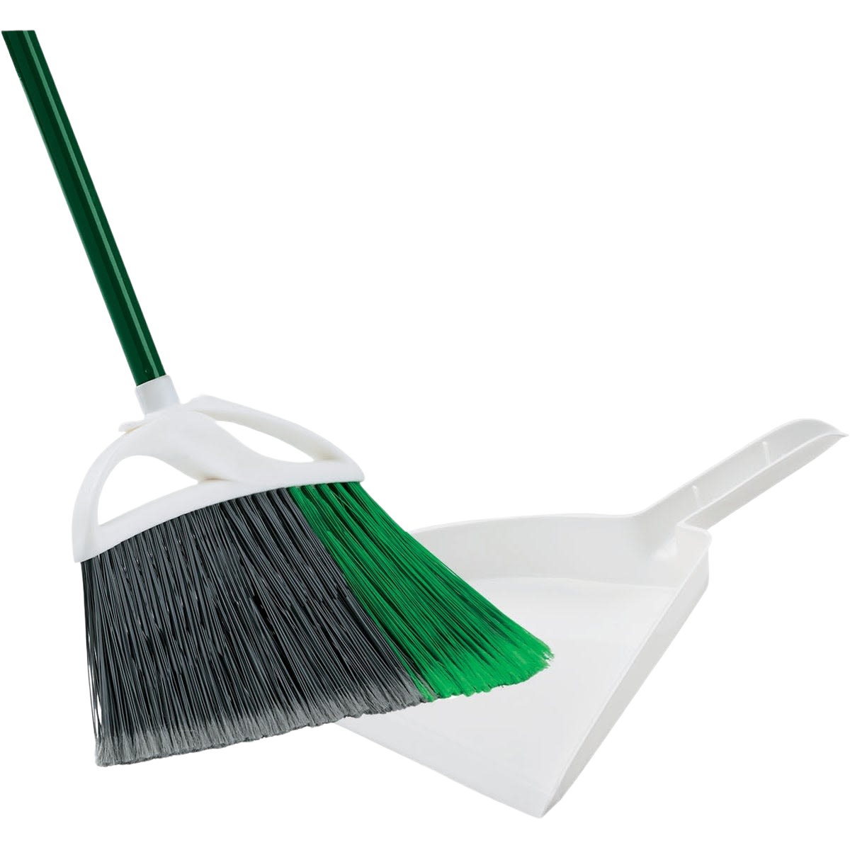 White dustpan with green and black angled broom for indoor and outdoor cleaning in cleaning tools and home improvement collection