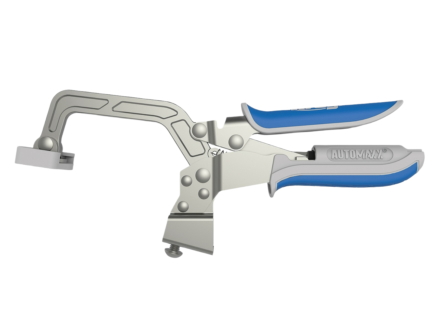 Metal bench clamp with blue-grip handle and Automaxx mechanism for tools and home improvement projects