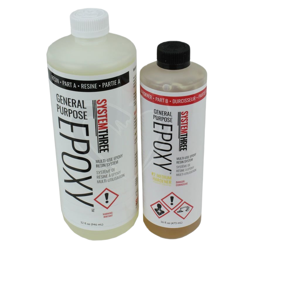 Two bottles of clear and amber multipurpose epoxy resin and medium fast hardener for sealing and repairs
