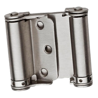 Satin nickel double-acting spring hinge designed for smooth door movement in home improvement projects