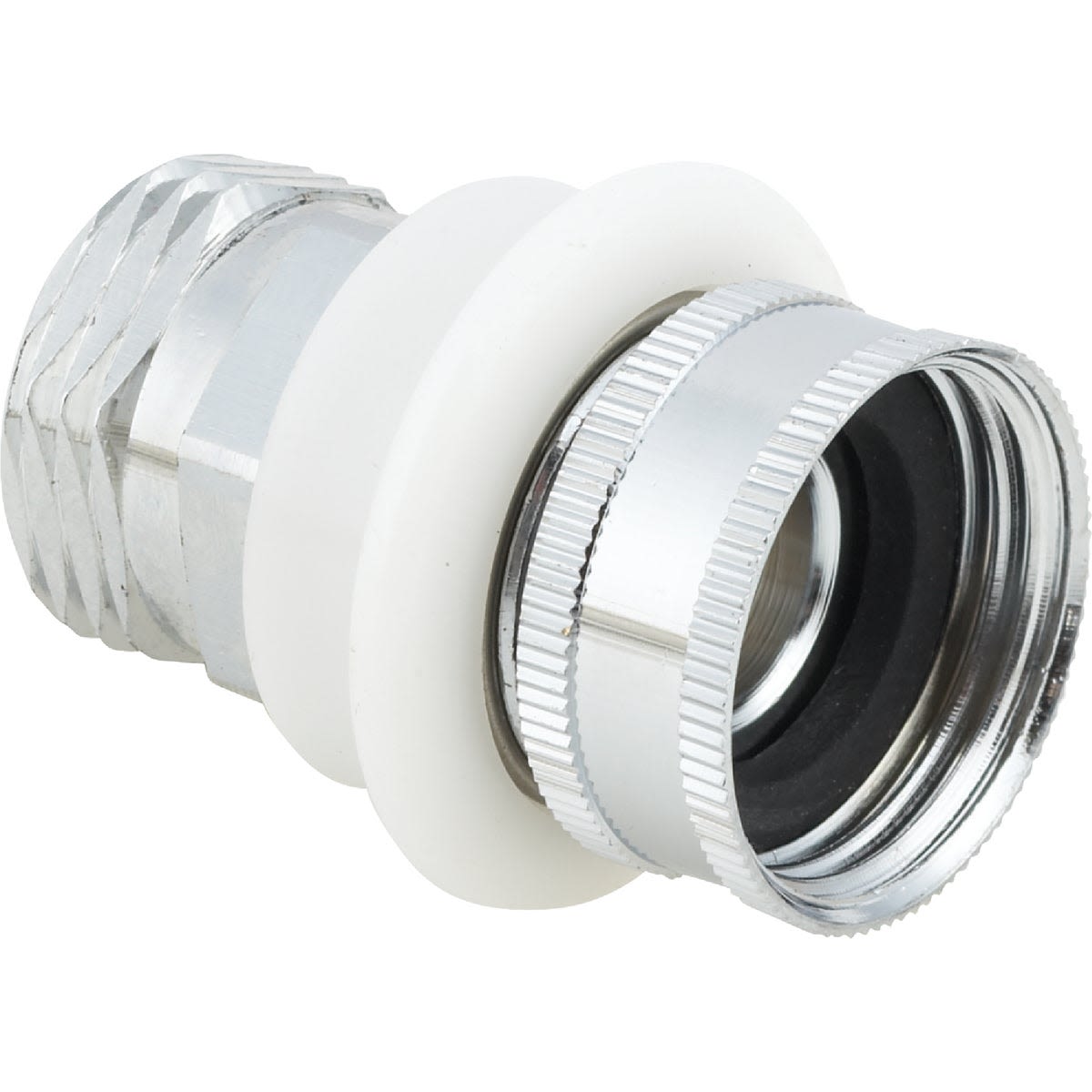 Chrome-finished faucet adapter with white gasket, designed for personal shower hose connection in plumbing and home improvement collections
