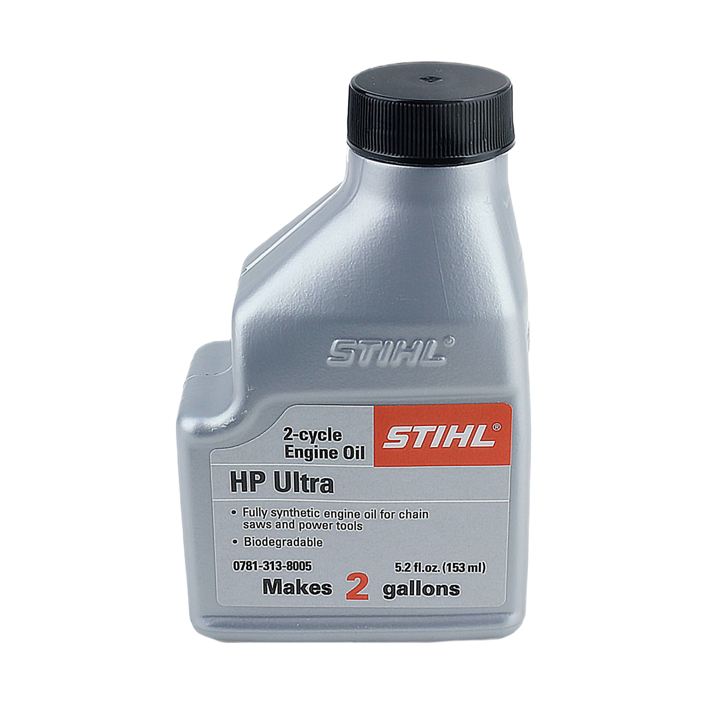 Gray plastic bottle of synthetic 2-cycle engine oil for home improvement tools and power equipment maintenance