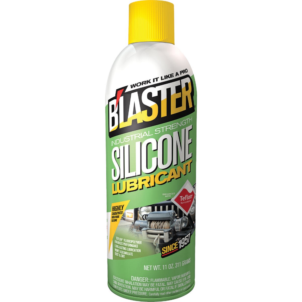 Green and white aerosol can of industrial strength silicone lubricant for automotive and home improvement use