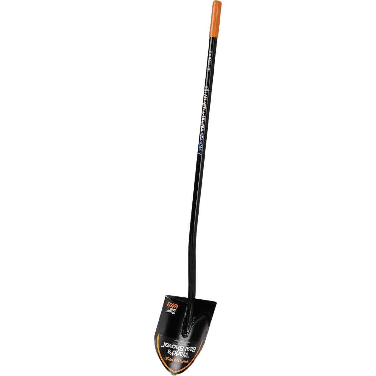 Black steel round point shovel with long steel handle and orange grip for digging in garden and outdoor tools collections