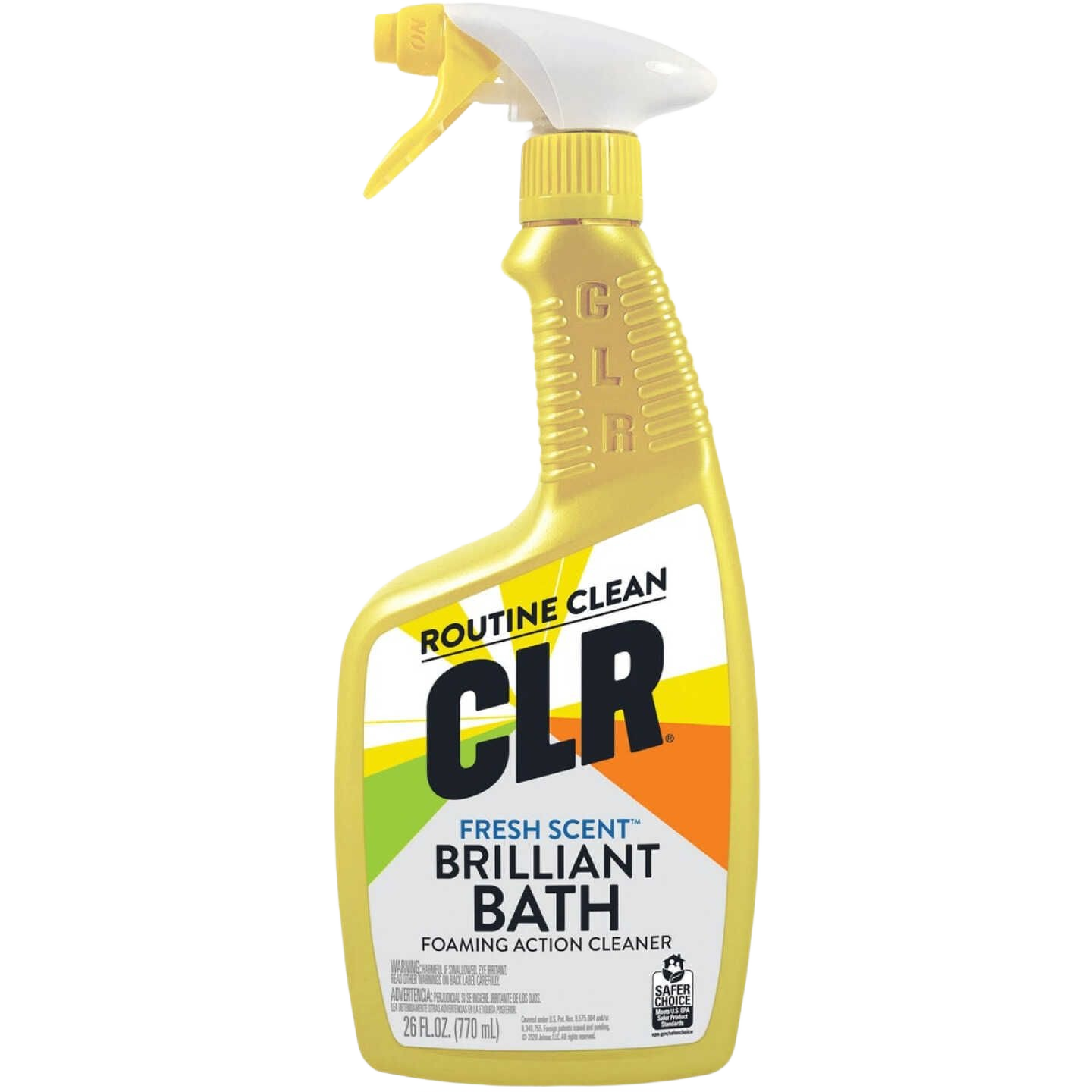 Yellow spray bottle of CLR foaming bathroom cleaner with fresh scent for effective cleaning under $50 supplies collections