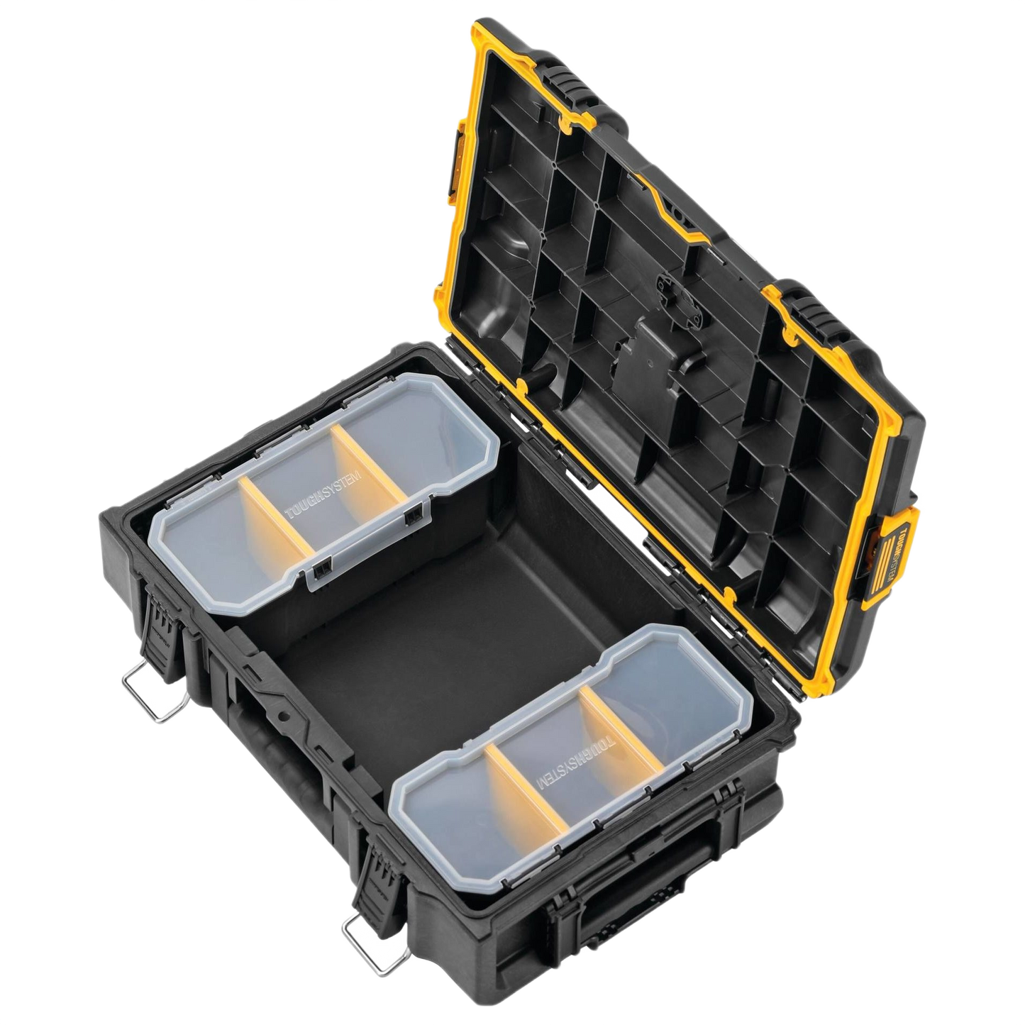 Black and yellow heavy-duty toolbox with removable clear plastic organizers for efficient tools and home improvement storage