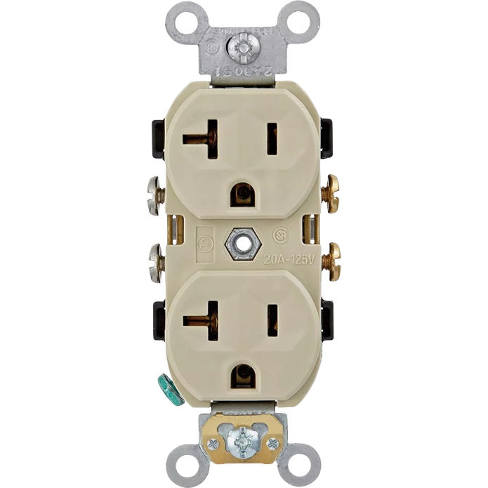 Ivory 20-amp electrical duplex outlet with side and back wire terminals for home improvement and electrical fittings collections