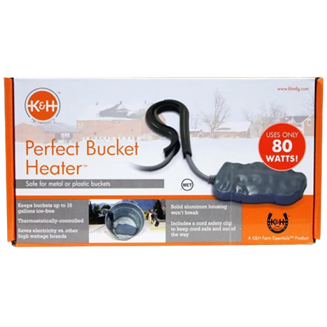 Box packaging of K&H Perfect Bucket Heater with cord clip for farm animal and pet water heating under 50 dollars
