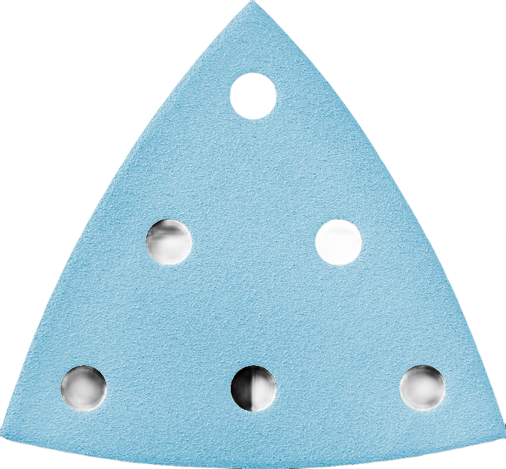 Blue 93mm delta abrasive sanding disc with seven ventilation holes for home improvement tools and projects