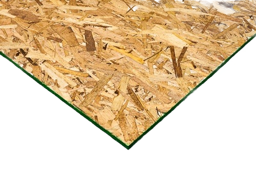 Close-up of oriented strand board sheathing with wood strands and natural finish for home improvement projects