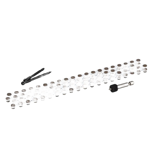 Collated cortex fastener screws in American Walnut color with two loose screws and a small metal accessory for home improvement tools