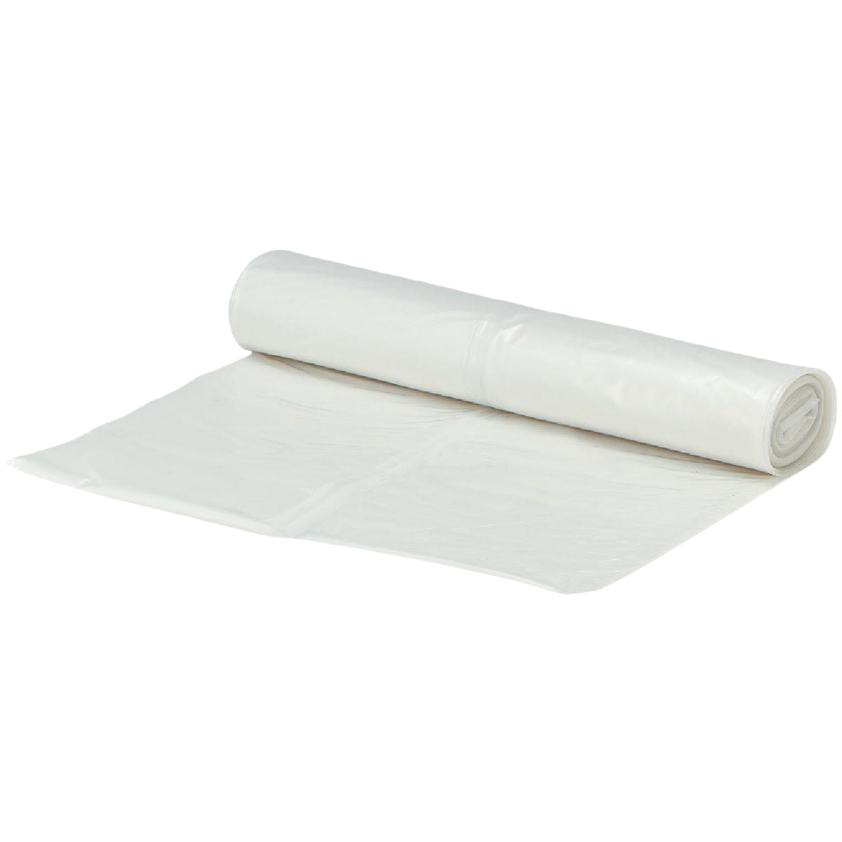 Clear polyethylene sheeting roll partially unrolled, made of durable plastic for home improvement and protection tasks