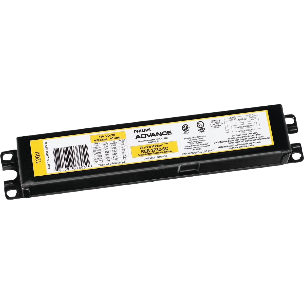 Black electronic ballast with yellow and white label designed for energy-efficient lighting in electrical and home improvement collections