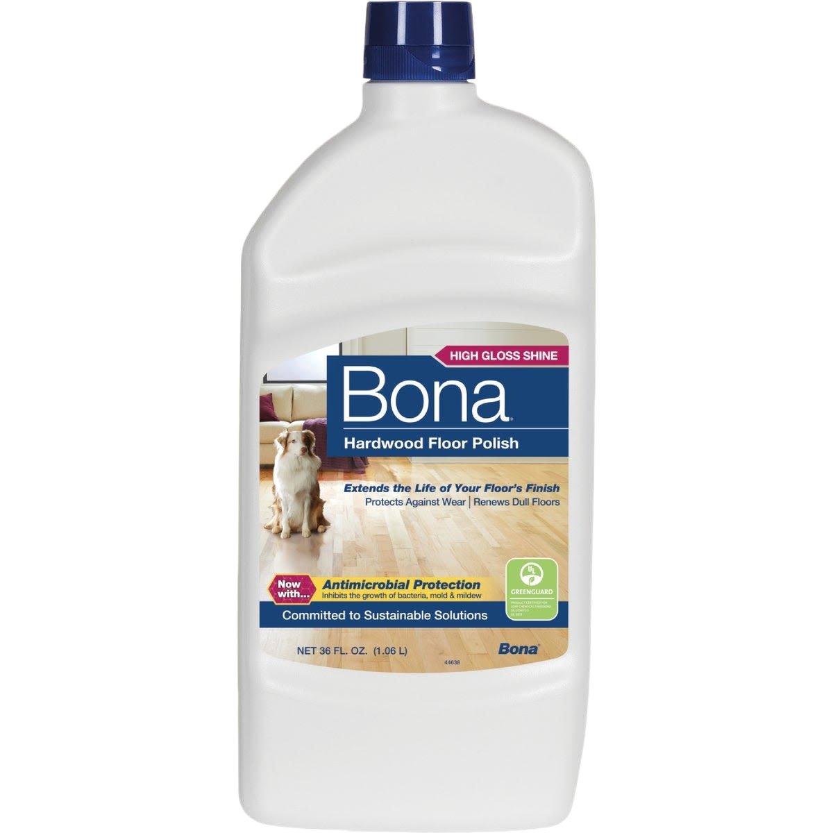 White bottle of Bona hardwood floor polish with label highlighting high gloss shine and antimicrobial protection