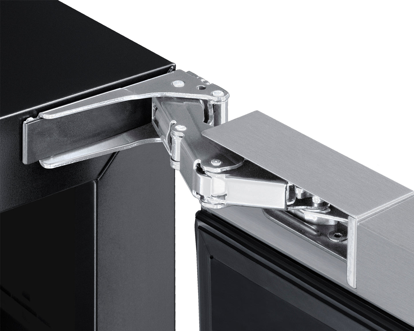 Close-up of a stainless steel hinge mechanism on a built-in refrigerator door in kitchen appliances collection