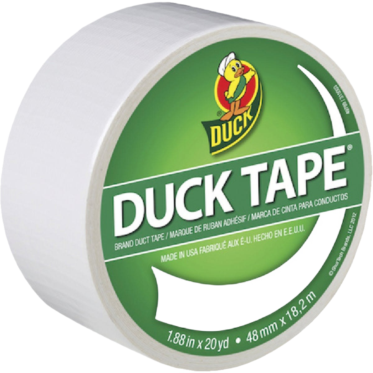 Roll of white duct tape with green and yellow branding for home improvement and repair use