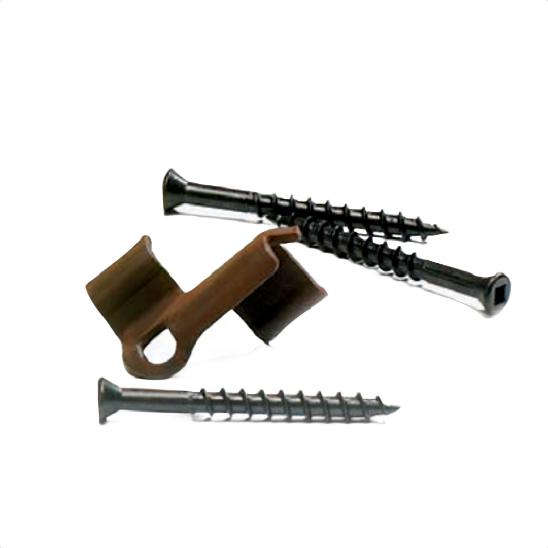 Dark brown hidden fastener clip with three black stainless steel decking screws for outdoor installation