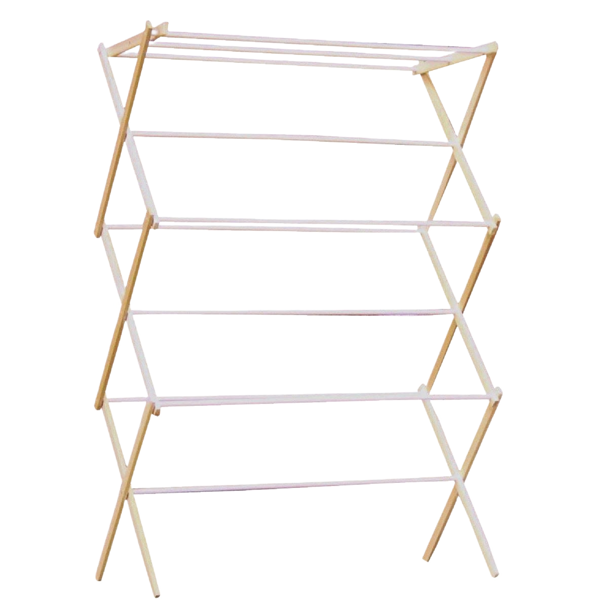 Foldable wood drying rack with multiple white coated dowels for efficient laundry storage and drying organization