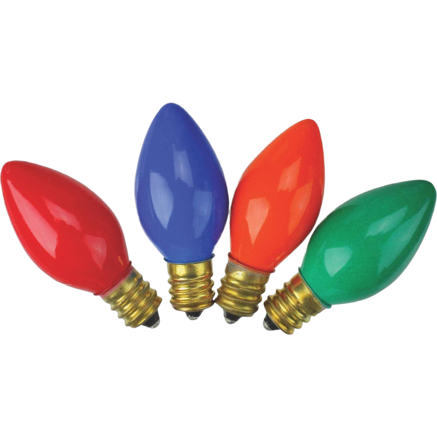 Colored C7 replacement light bulbs in red, blue, orange, and green with brass screw bases for home improvement use