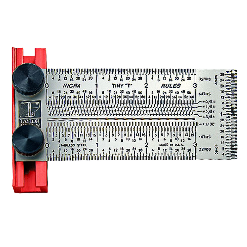 Compact stainless steel rule with precision markings and red adjustable guide for woodworking and measuring tasks