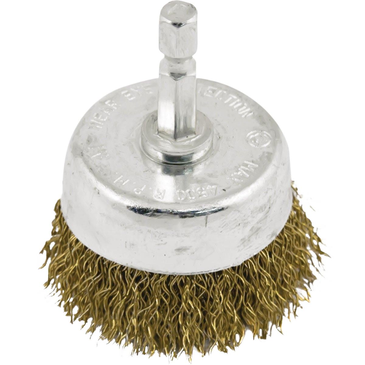 Coarse wire drill cup brush with metal shank for heavy-duty cleaning in power tool accessories and woodworking tools