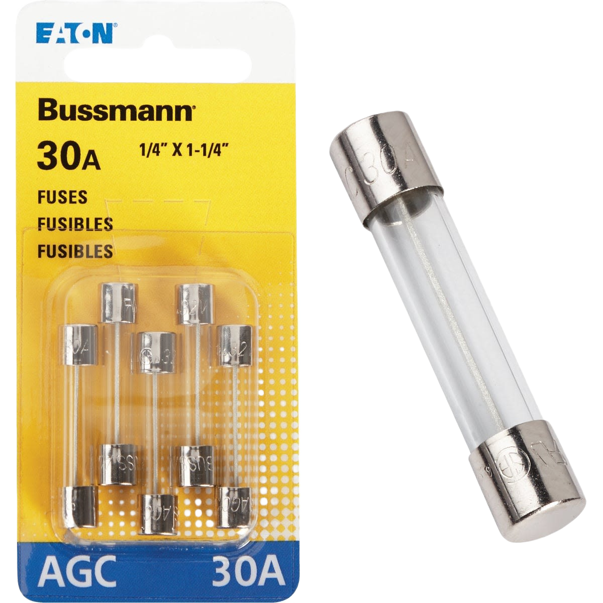 Set of five 30 amp glass tube automotive fuses with metal end caps for electrical protection in vehicles