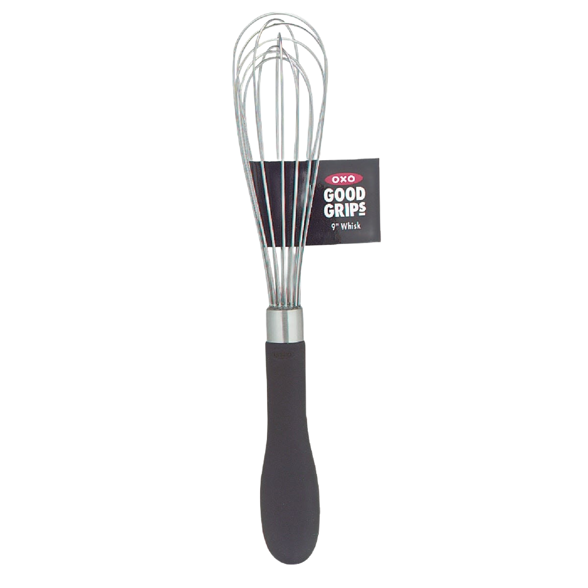 Narrow stainless steel whisk with soft black handle for stirring and whipping in kitchen utensils under $25 collection
