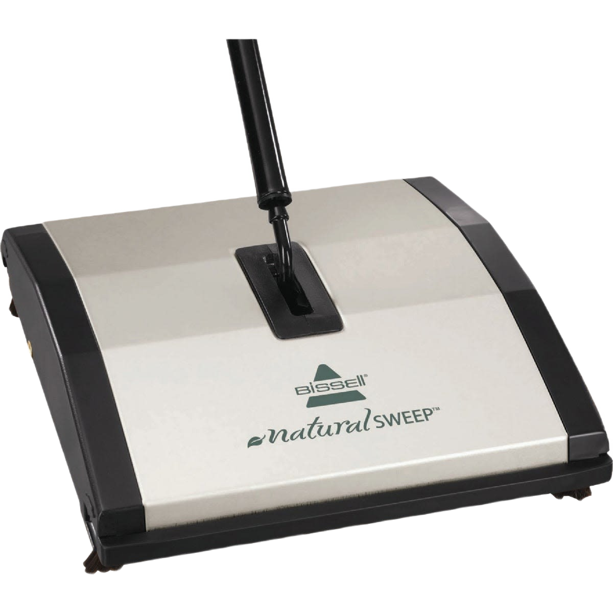 Manual carpet and floor sweeper with black handle and silver surface for quick home cleaning tasks