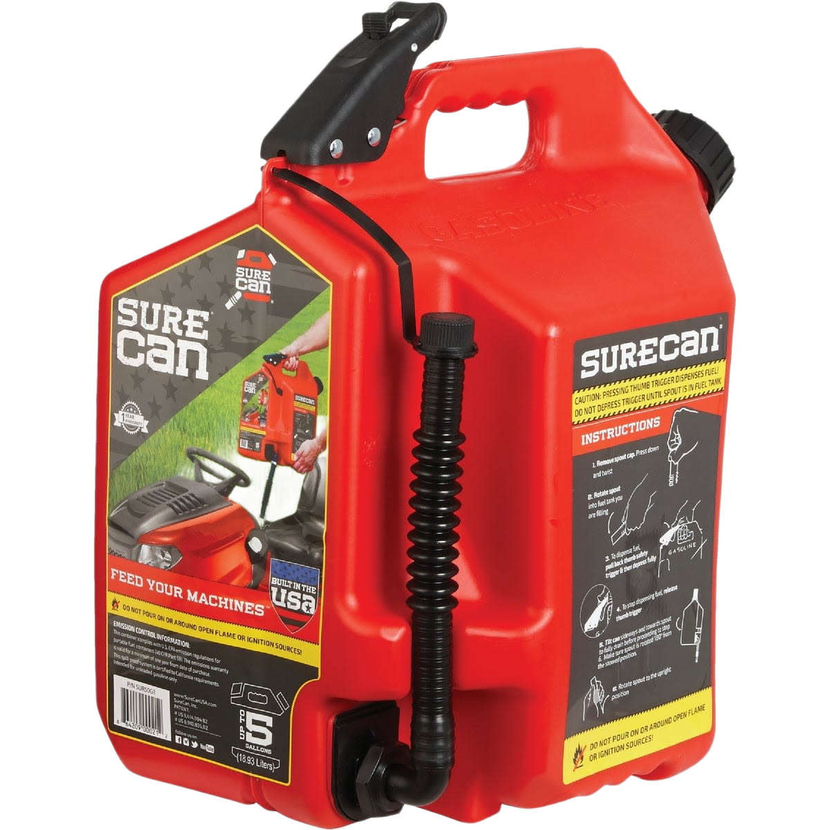 Red 5-gallon fuel container with flexible spout for safe dispensing in automotive and mechanic tools collections