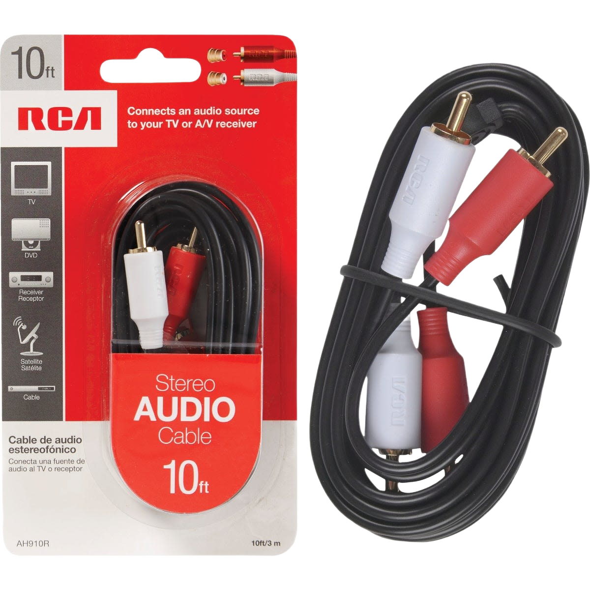 Red and white RCA connectors attached to a 10-foot stereo audio cable for home entertainment setup