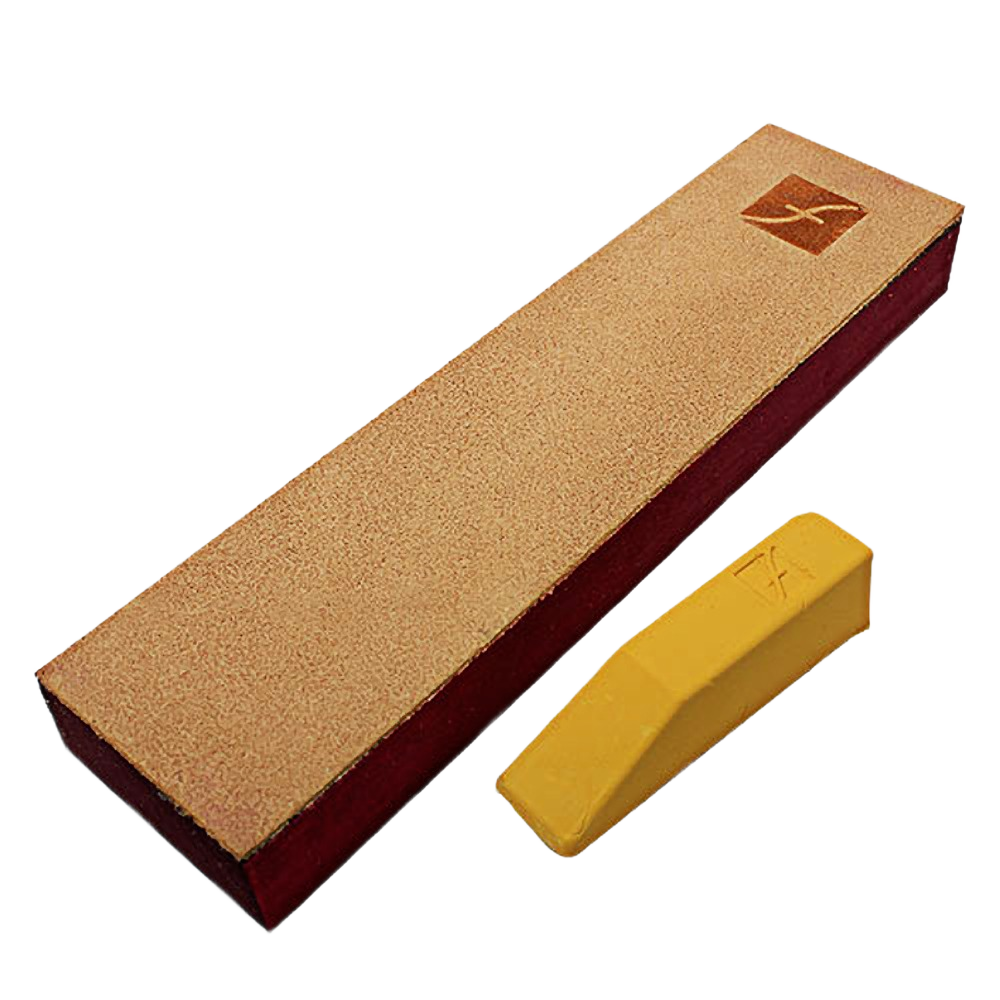 Leather knife strop with branded yellow wax sharpening bar for tool maintenance and home improvement tasks