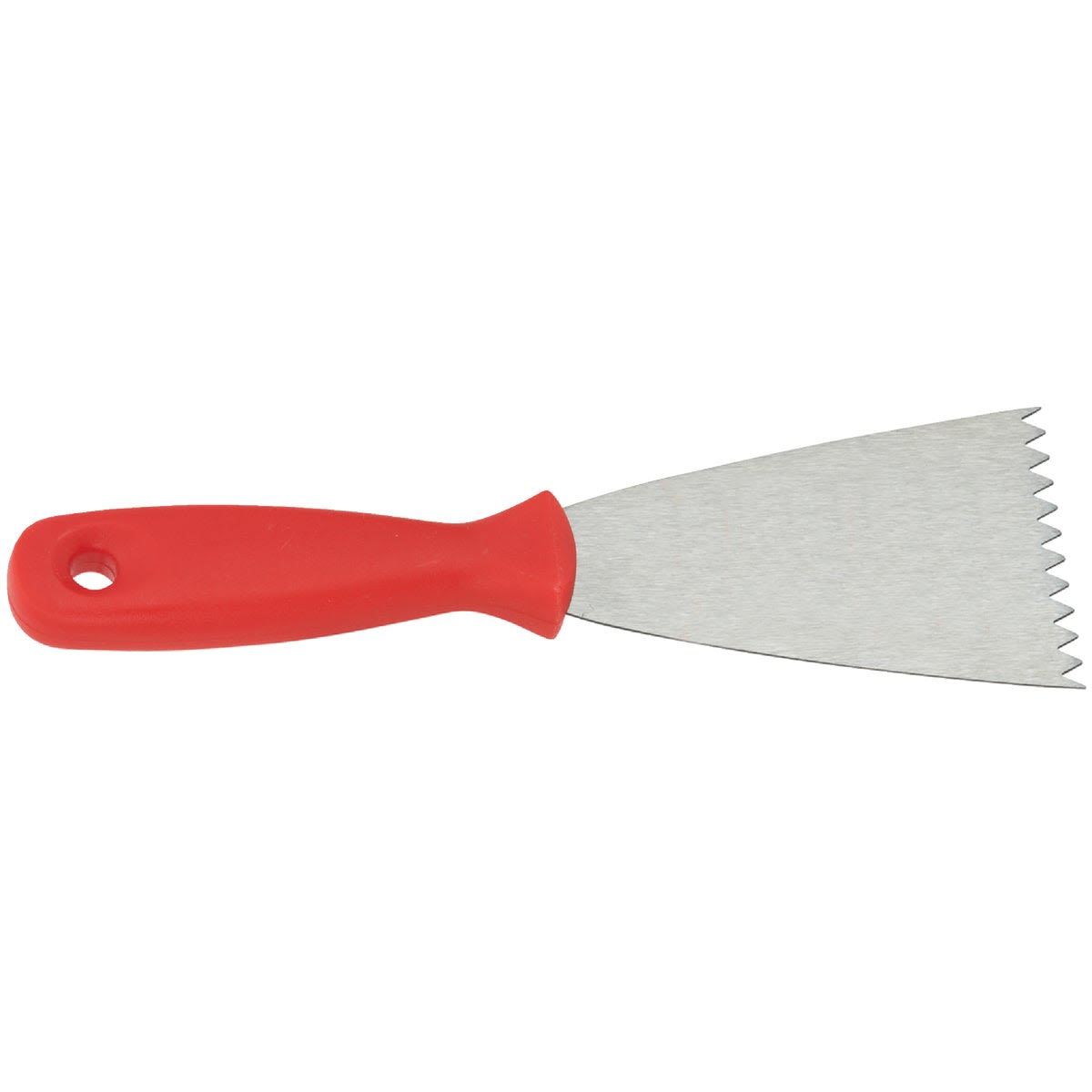 Red-handled adhesive spreader with stainless steel 3/16 inch V-notch blade for home improvement projects