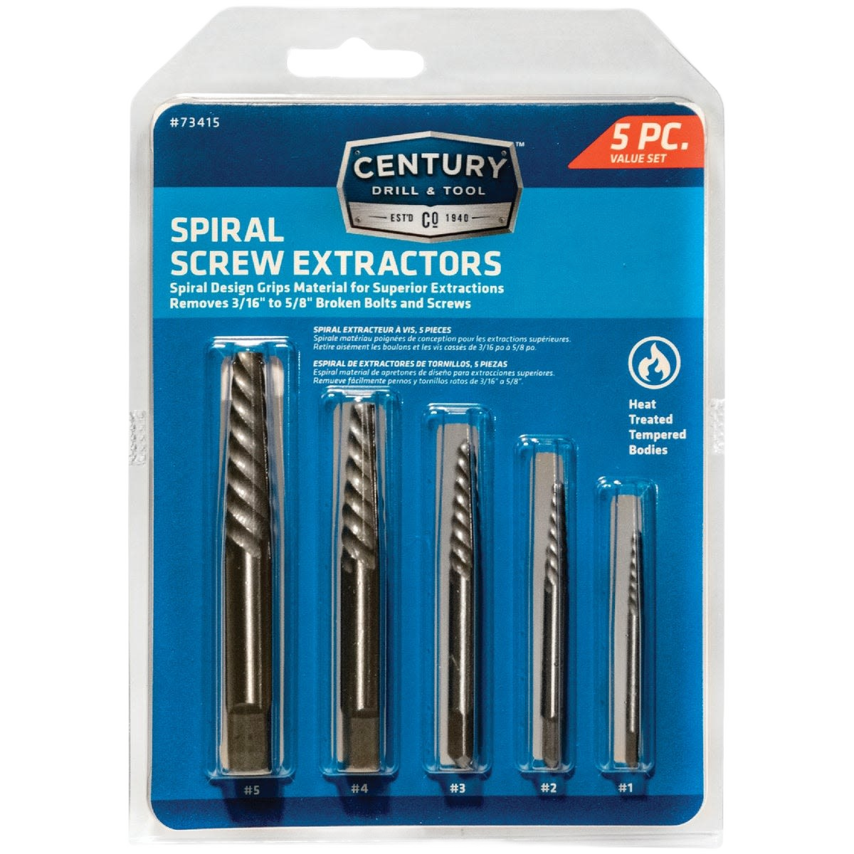 Set of five spiral screw extractors with heat-treated steel for removing broken bolts and screws in home improvement tasks