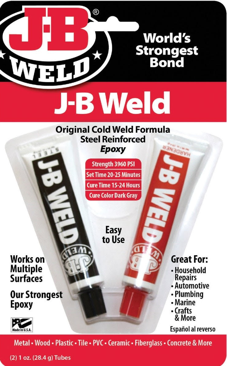 Two 1 oz tubes of steel reinforced epoxy adhesive for durable bonds on multiple surfaces and repairs