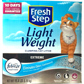Blue and white Fresh Step lightweight clumping cat litter box featuring orange cat illustration and odor control claims