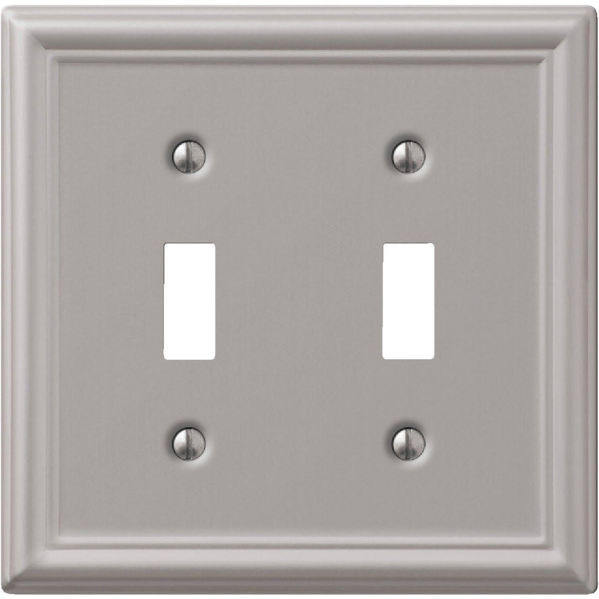 Brushed nickel double toggle switch wall plate with stamped steel design for home improvement projects