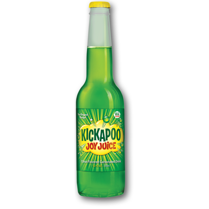 Green glass bottle of citrus flavored carbonated soda with bright yellow cap and colorful label design