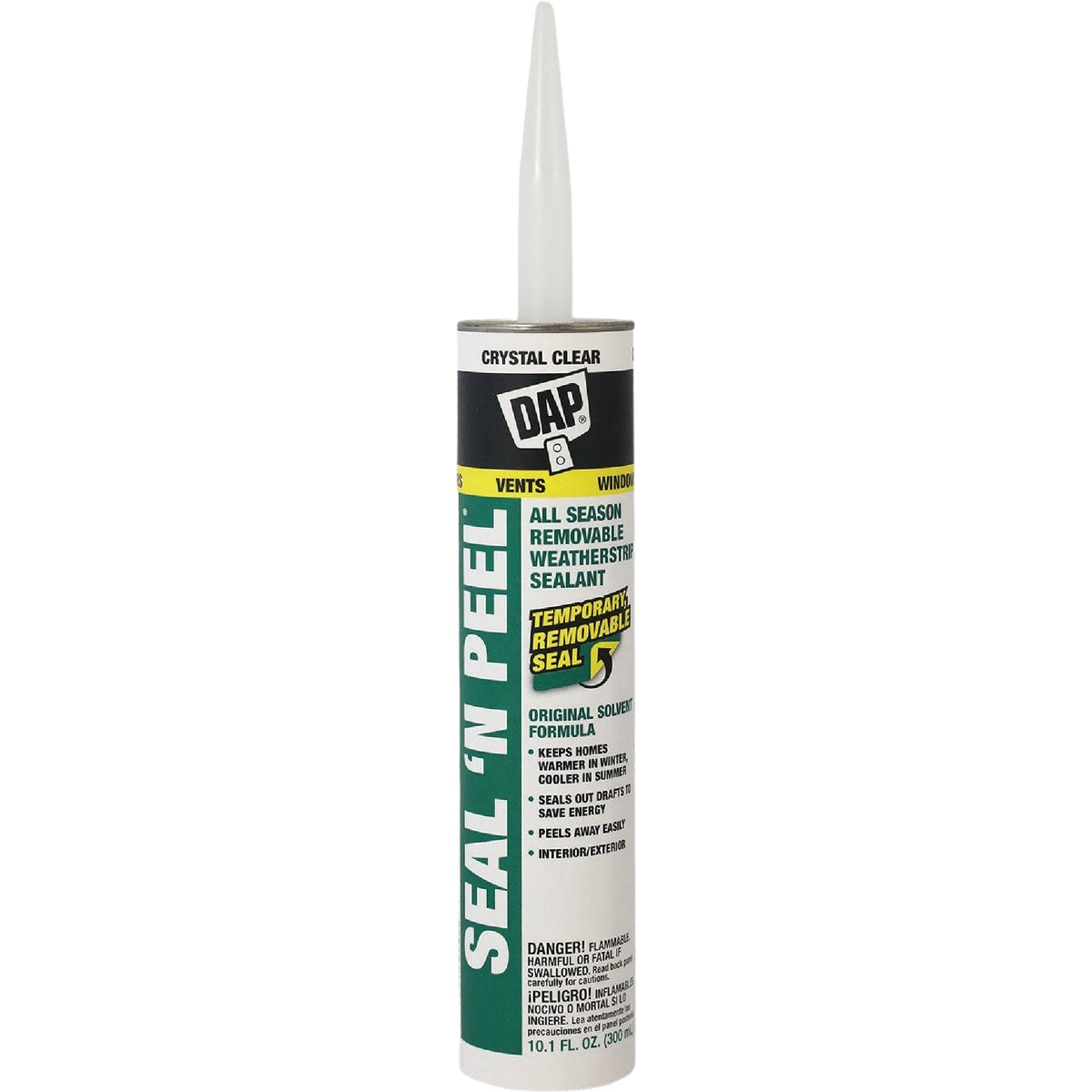 Tube of clear removable weather stripping sealant for temporary home and window sealing in tools and home improvement.