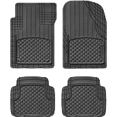 Set of four black Weathertech floor mats with textured surfaces for vehicle interior protection and easy cleaning