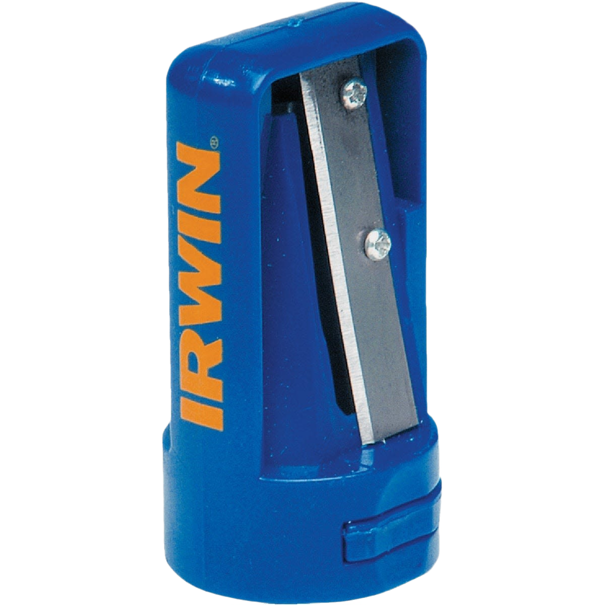 Blue compact pencil sharpener with irwin branding, designed for woodworking and office supply use