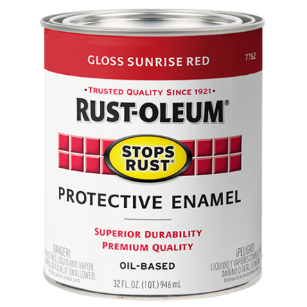 Can of Rust-Oleum glossy sunrise red protective enamel paint, part of Specialty Paint and Under $50 collections