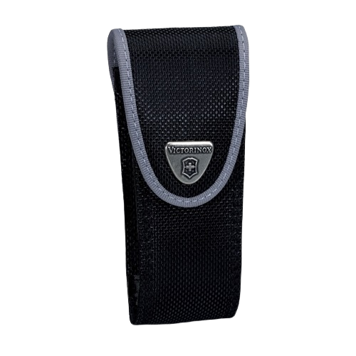 Black nylon belt pouch with flap closure and Victorinox metal logo for carrying pocket knives in tools and home improvement use