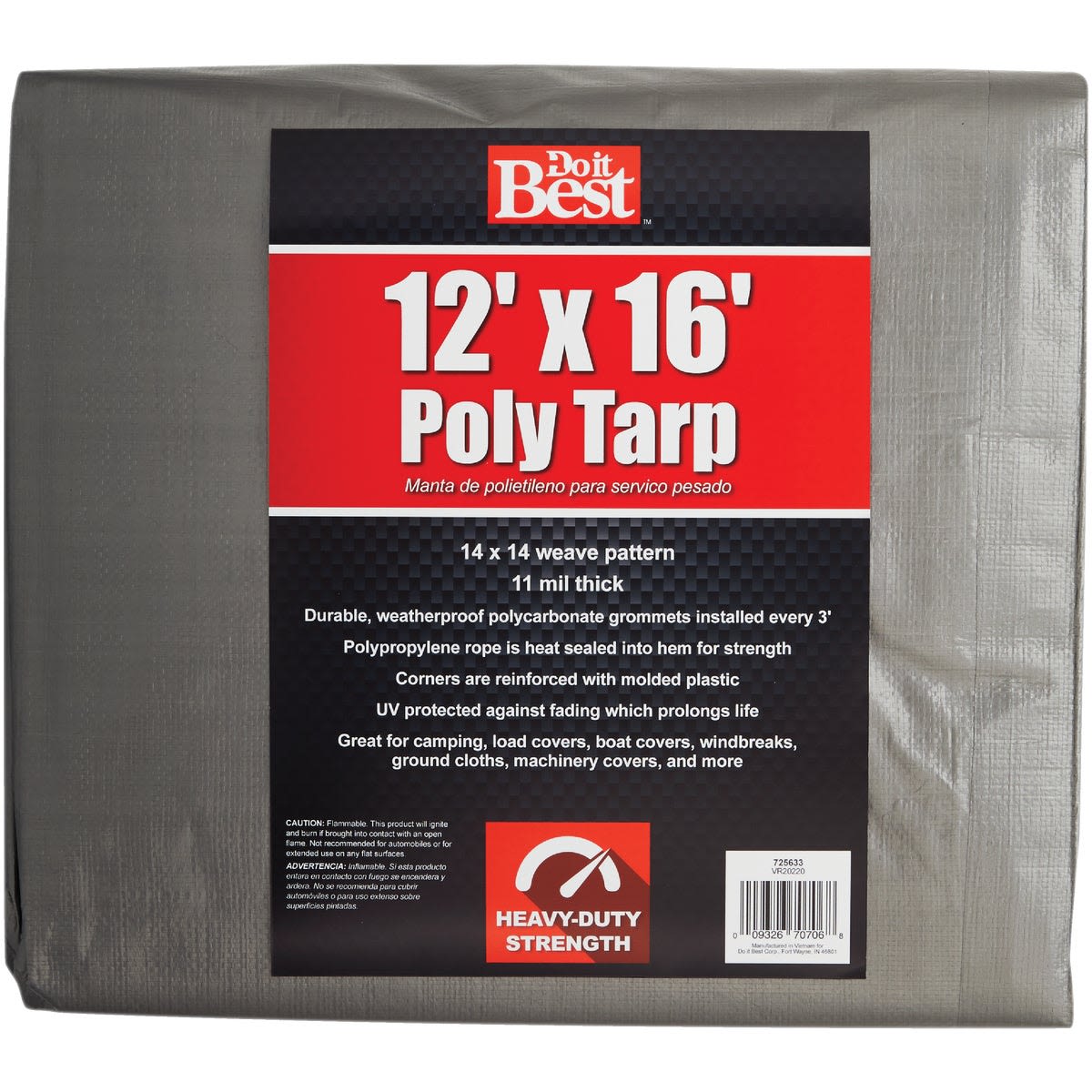 Silver woven heavy-duty poly tarp with reinforced corners and grommets for home improvement and outdoor use