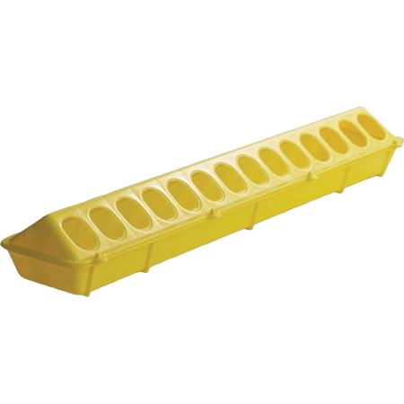 Yellow plastic flip-top poultry feeder with multiple feeding compartments for tools and home improvement use