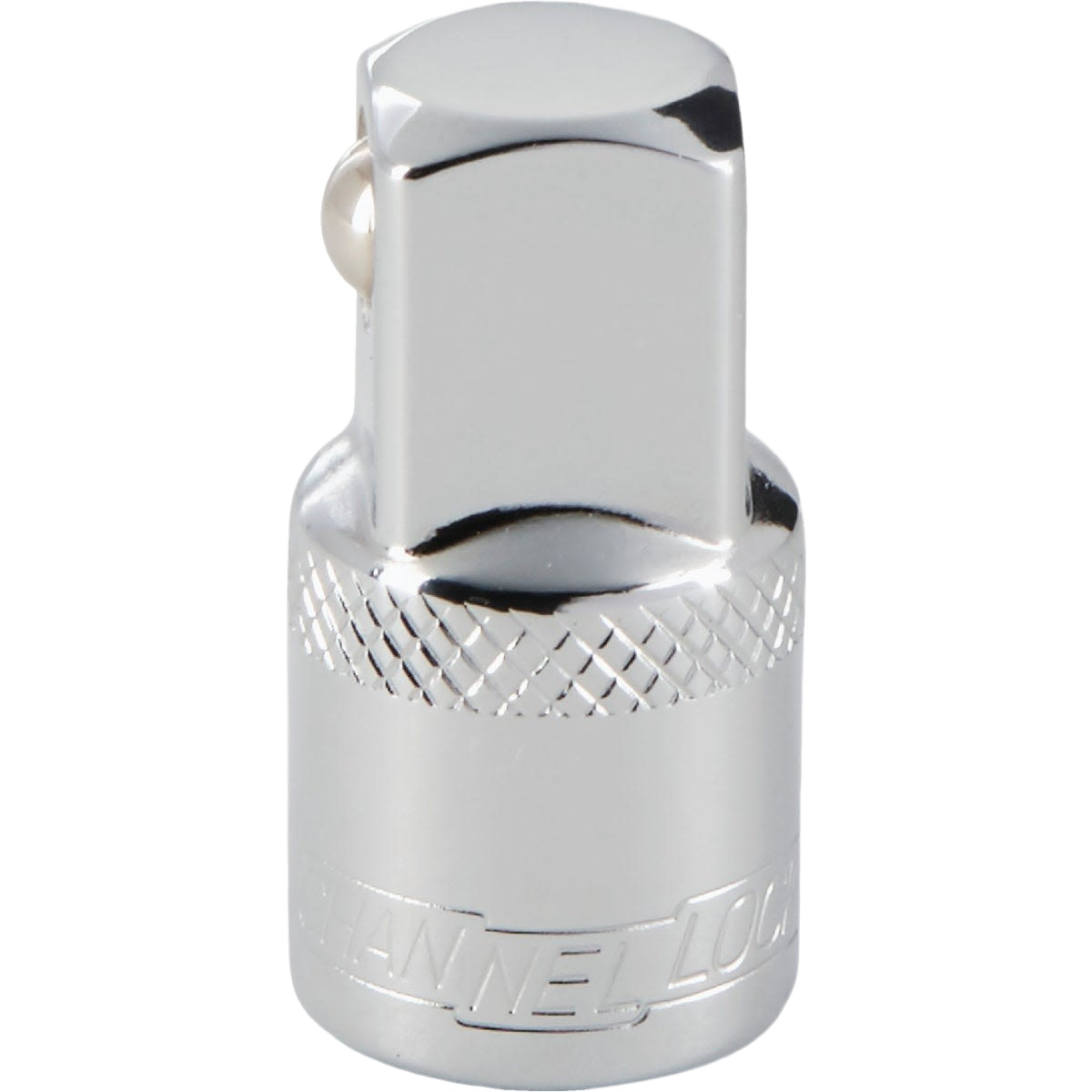 Chrome-finished socket adapter with knurled grip for tools and home improvement applications