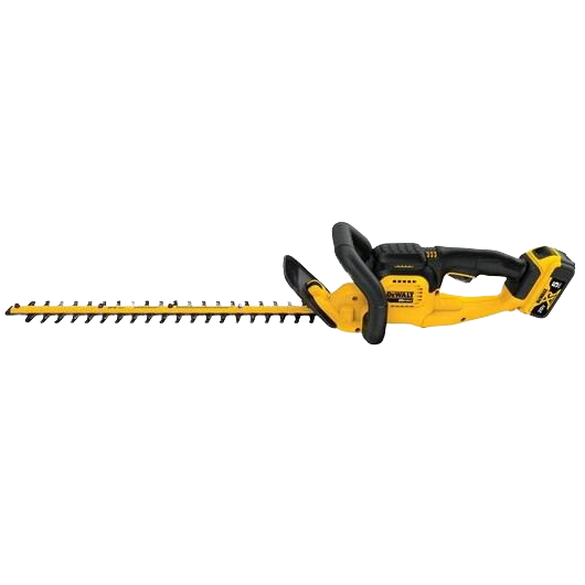 Yellow and black cordless hedge trimmer with lithium-ion battery designed for efficient home improvement tasks and trimming shrubs